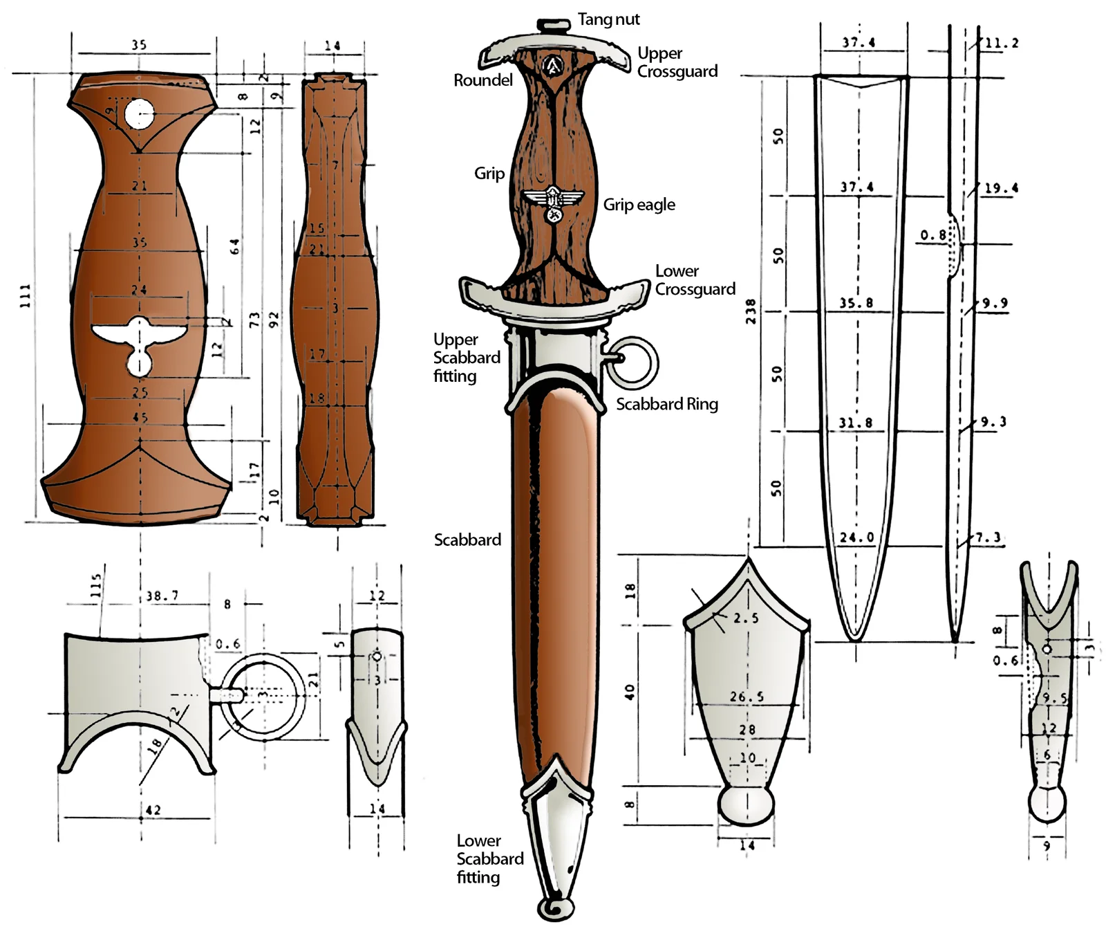 Measured drawing of the SA dagger showing the grip, crossguards, blade and scabbard with dimensions in millimetres